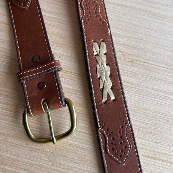 Nocona Belt Brown Leather 30 Stitching Lacing Tooled Western Brass Tone Buckle - Picture 1 of 9